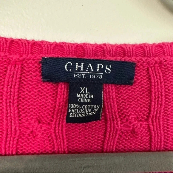 Chaps Cable Knit Hot Pink Long Sleeve V-Neck Sweater Size Large GUC - Picture 6 of 8